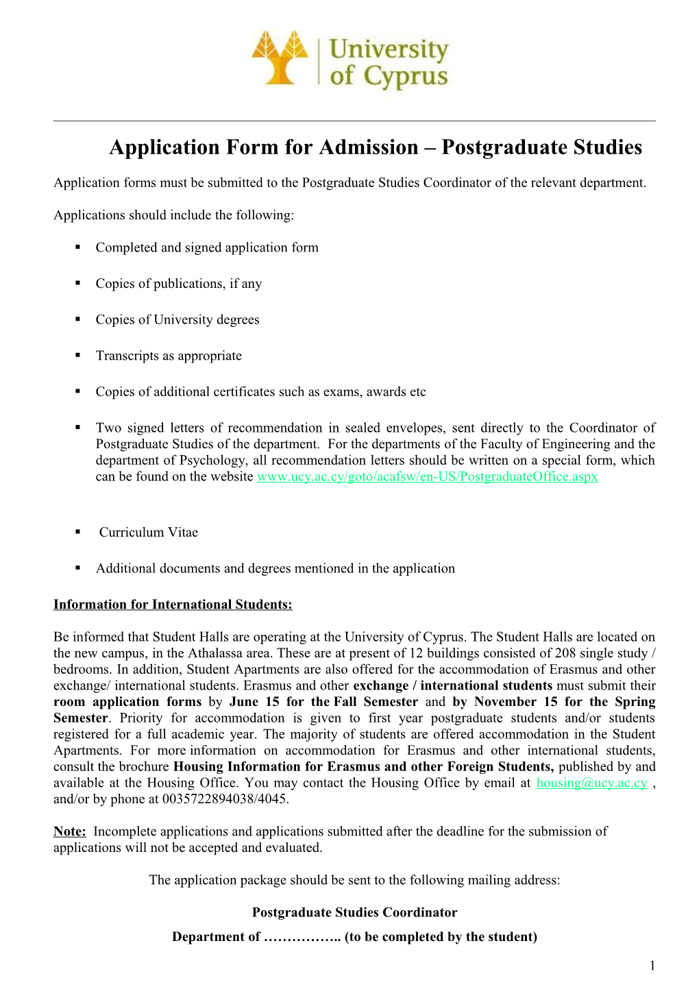 Application Form for Admission Postgraduate Studies