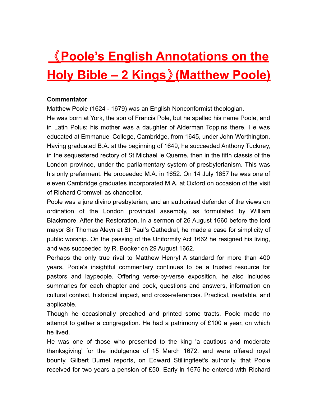 Poole S English Annotationson the Holy Bible 2 Kings (Matthew Poole)