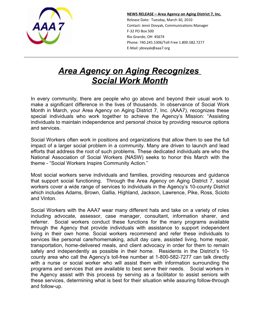 Area Agency on Aging Recognizes