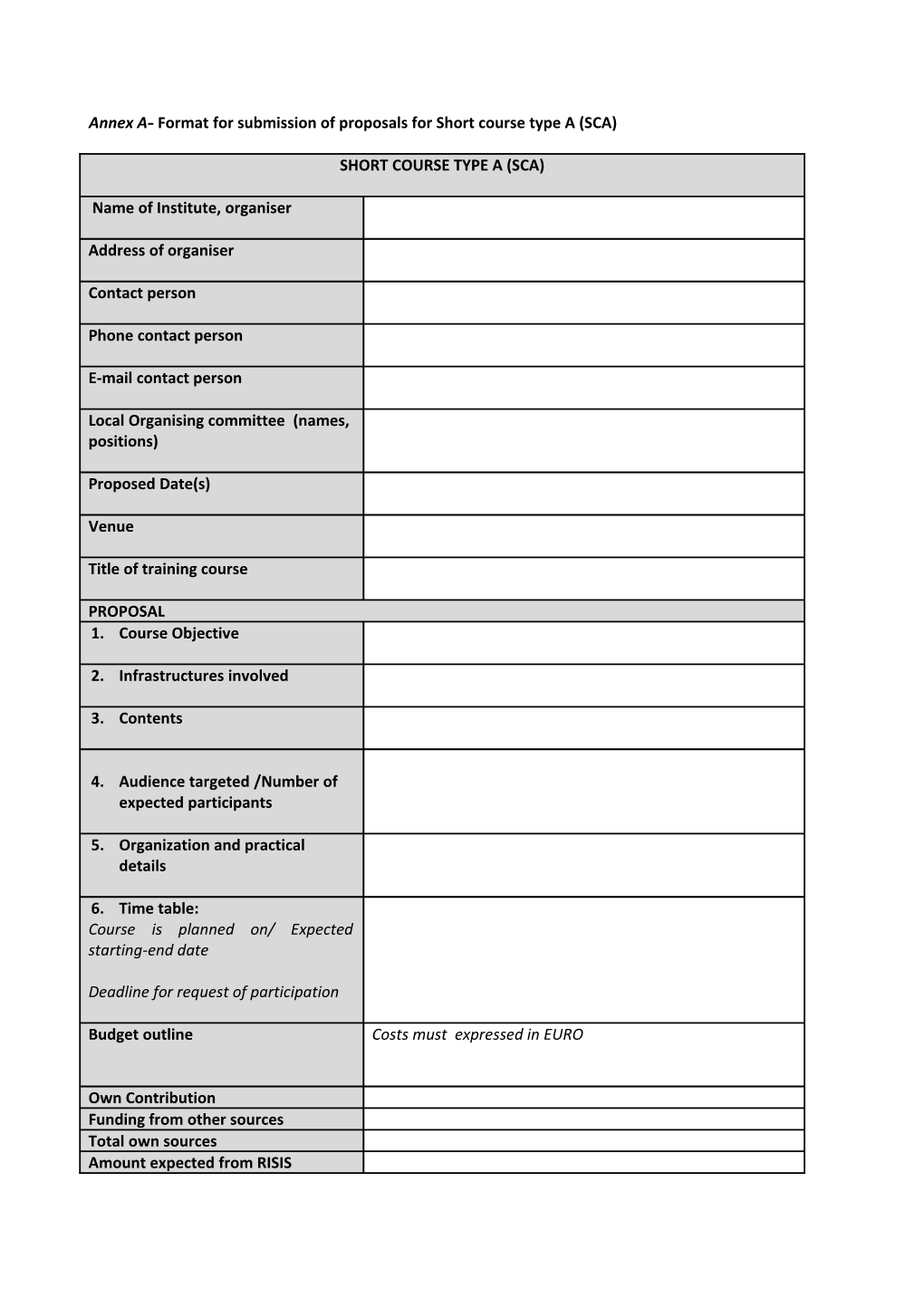 Annex A- Format for Submission of Proposals for Short Course Type a (SCA)