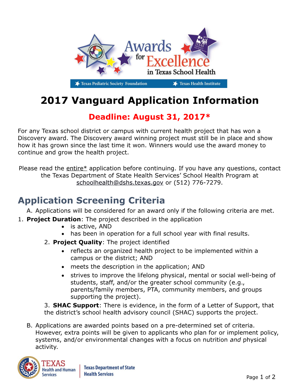 2017 Vanguard Application Information