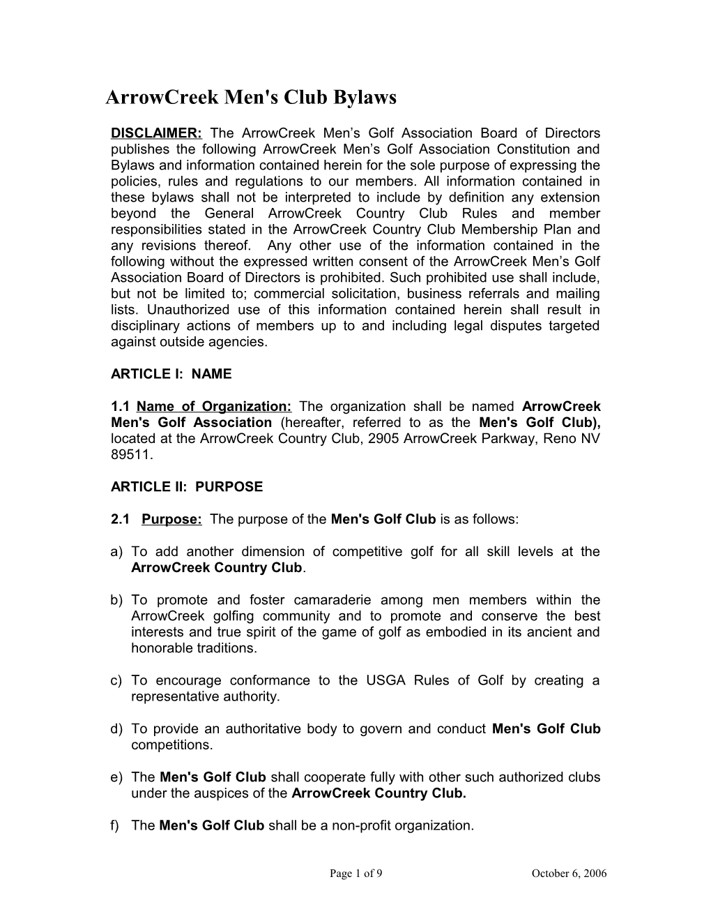 Arrowcreek Men's Club Bylaws