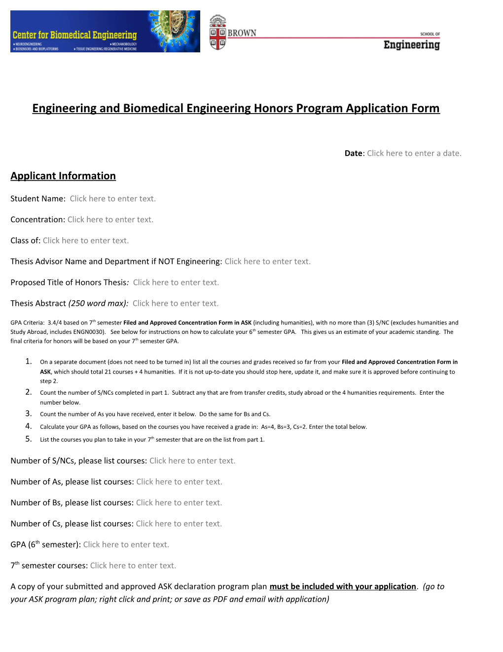 Engineering and Biomedical Engineering Honors Program Application Form