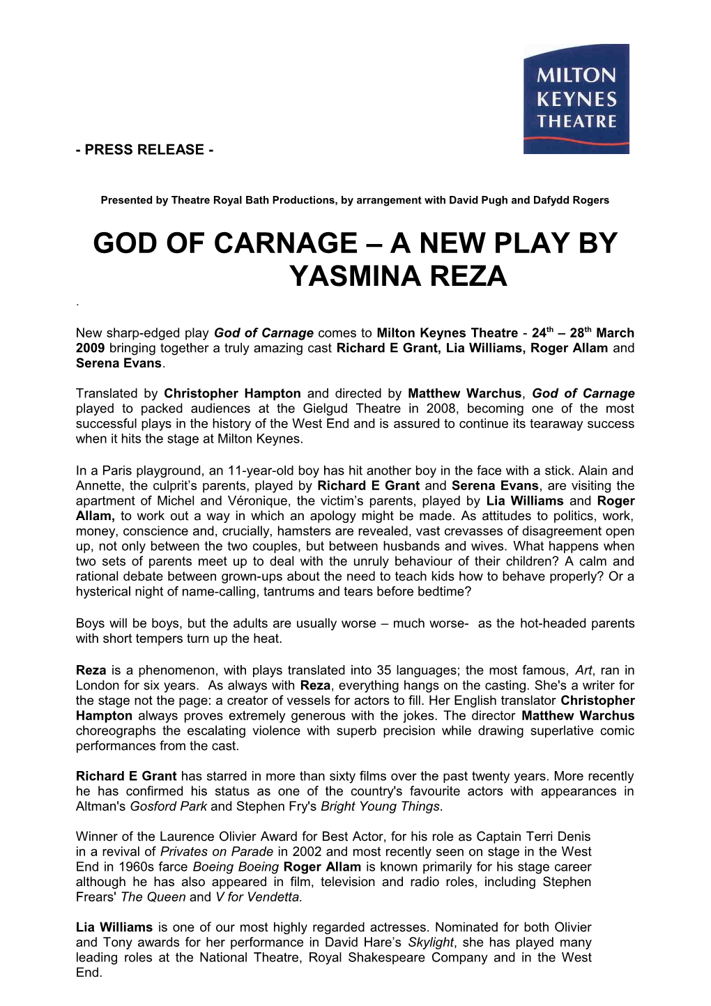 God of Carnage a New Play by Yasmina Reza