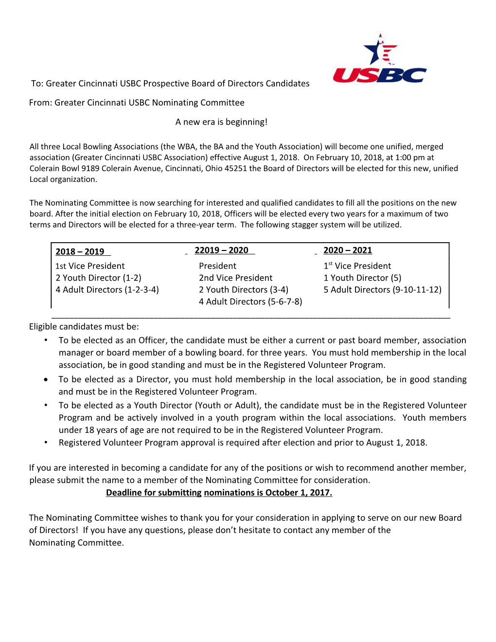 From: Greater Cincinnati USBC Nominating Committee