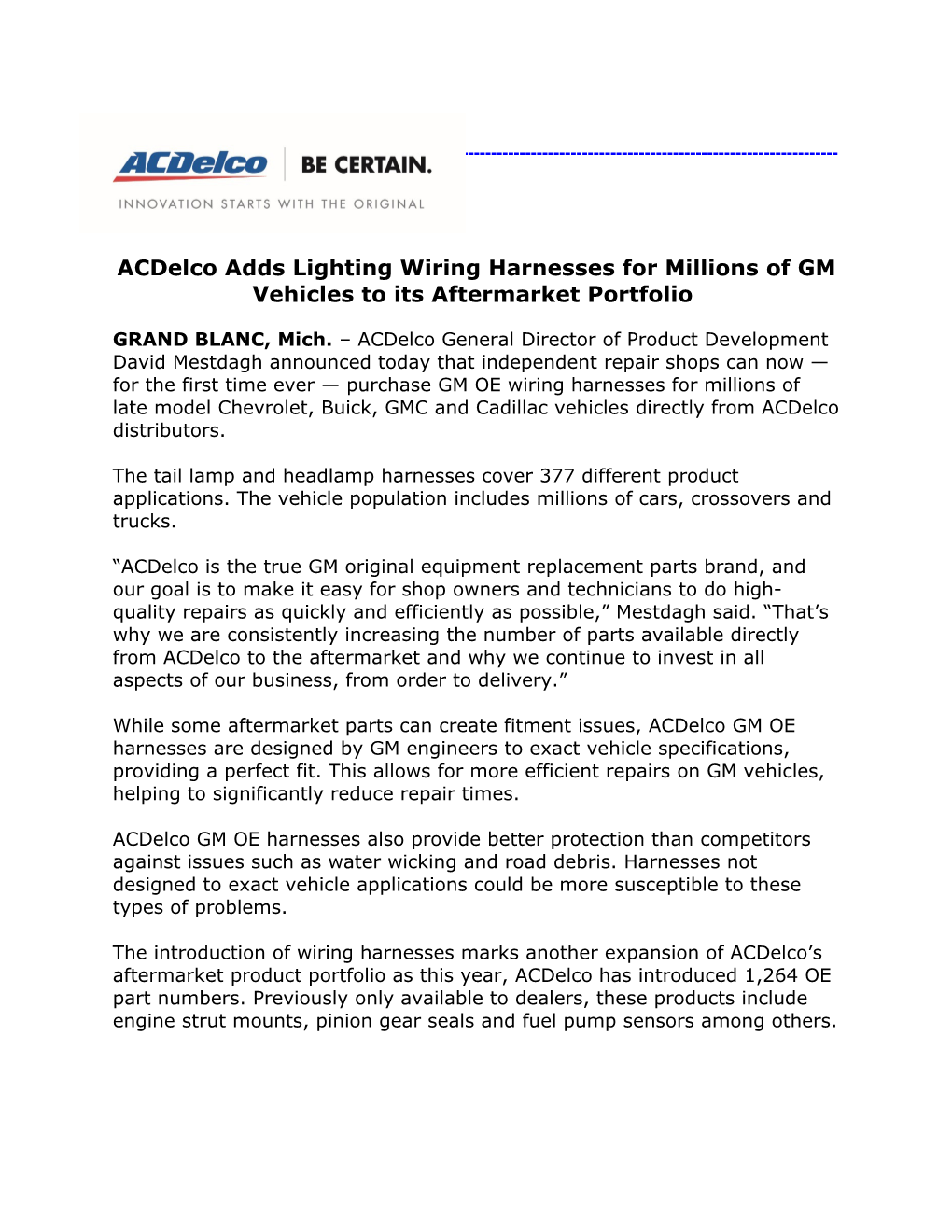 Acdelco Addslighting Wiring Harnesses for Millions of GM Vehicles to Its Aftermarket Portfolio