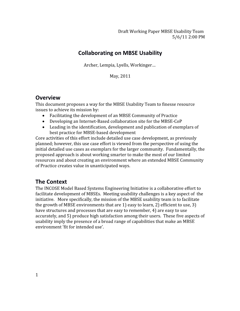 Draft Working Paper MBSE Usability Team