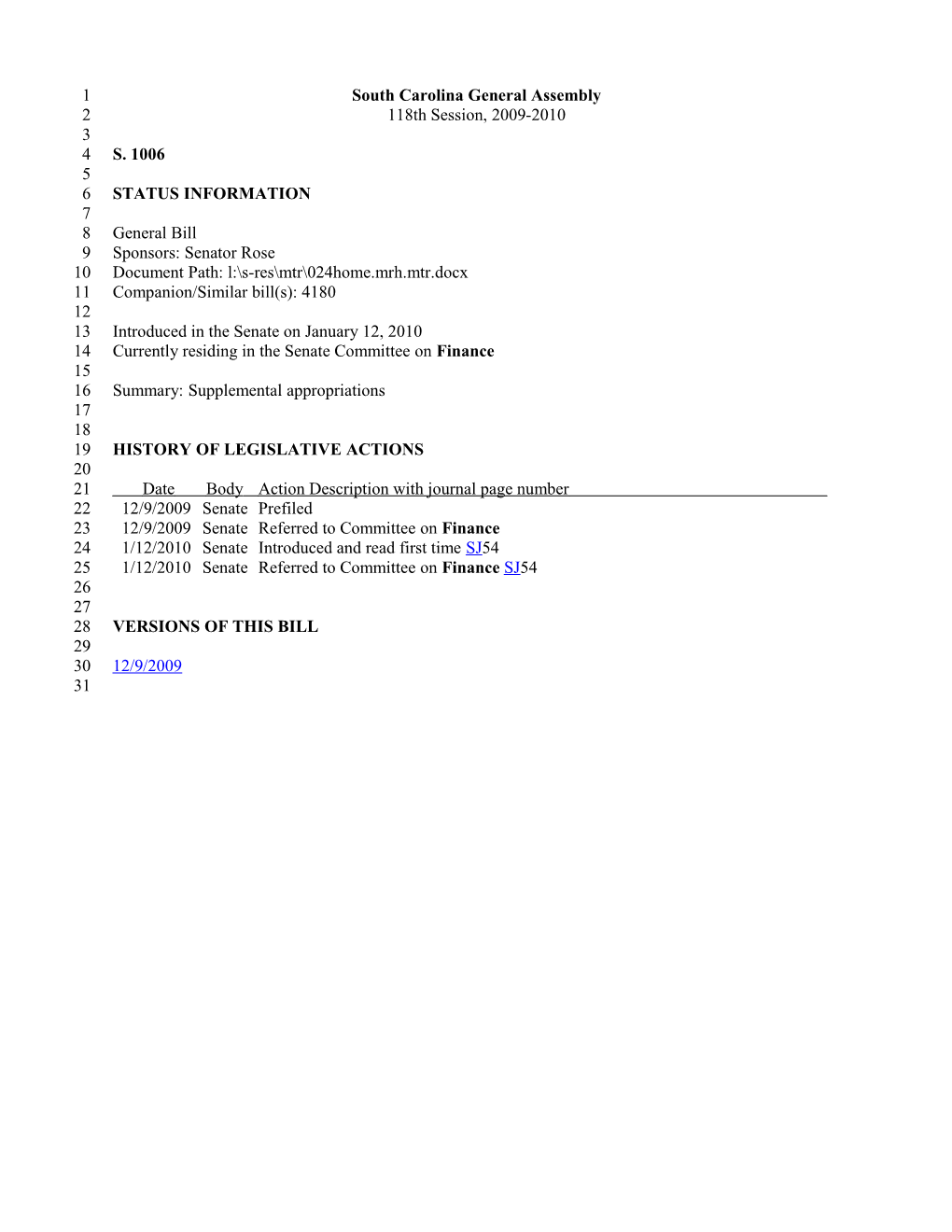 2009-2010 Bill 1006: Supplemental Appropriations - South Carolina Legislature Online