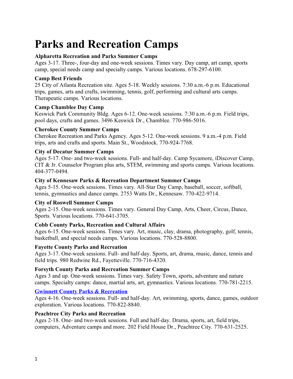 Parks and Recreation Camps