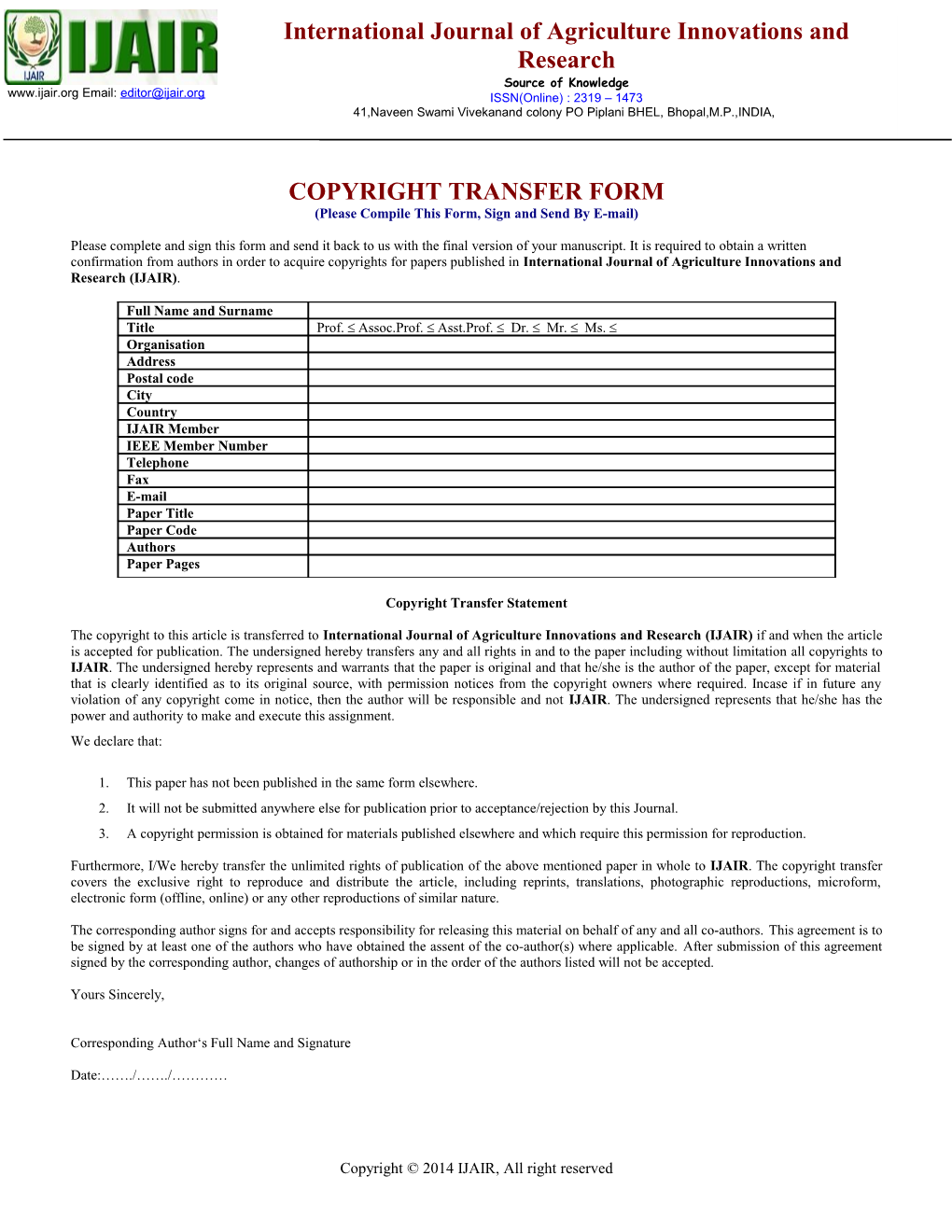 Copyright Transfer Form