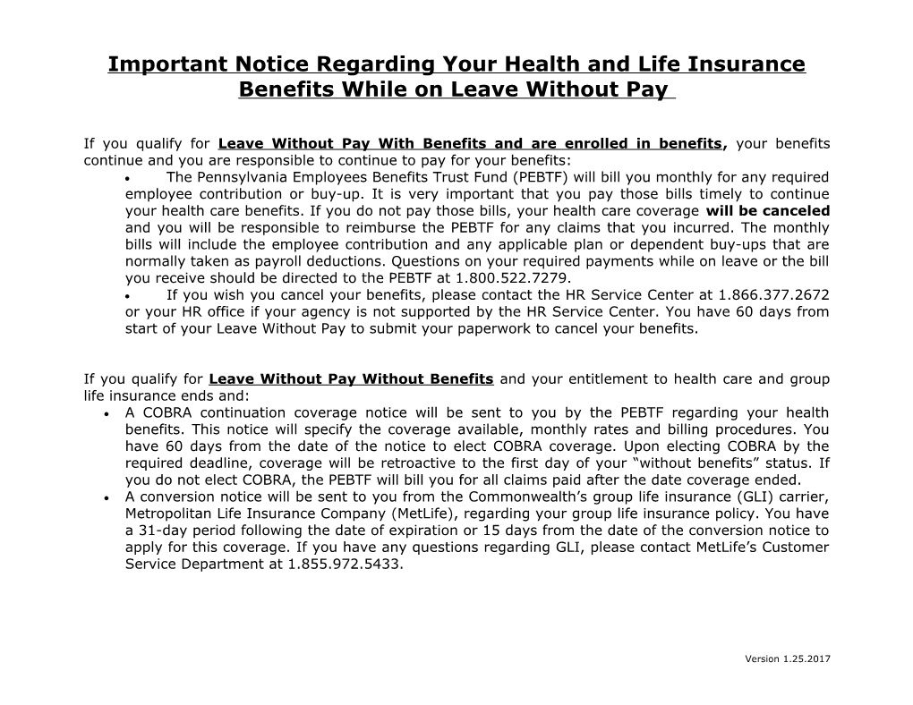 Important Notice Regarding Your Health Benefits with on Leave Without Pay with Benefits