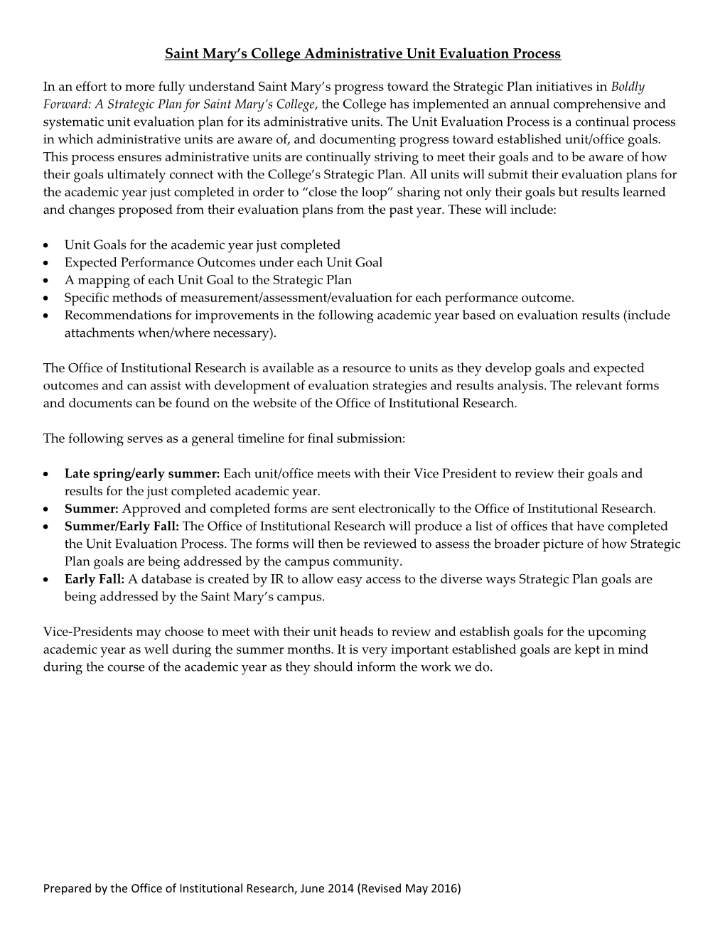 Saint Mary S College Administrative Unit Evaluation Process