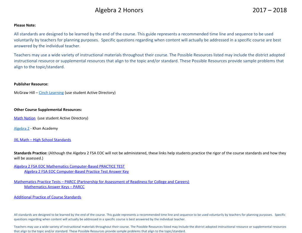 Algebra 2 Honors 2017 2018