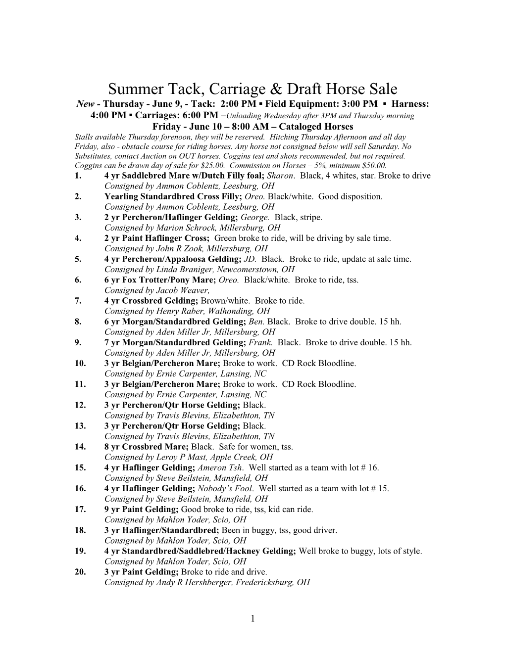 Summer Tack, Carriage & Draft Horse Sale