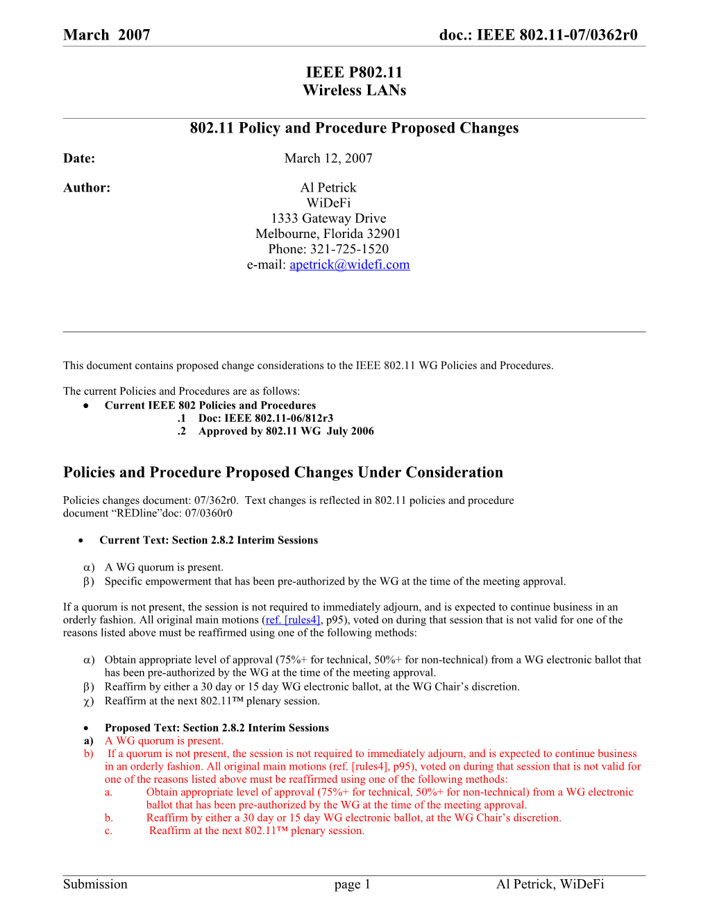 802.11 Policy and Procedure Proposed Changes