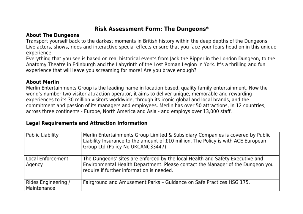 Risk Assessment Form: the Dungeons*