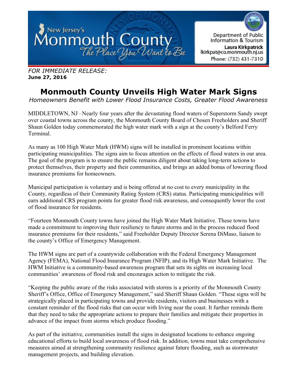 Monmouth County Unveils High Water Mark Signs