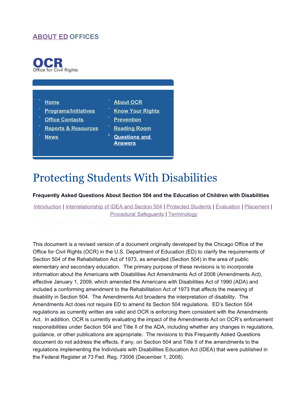 Frequently Asked Questions About Section 504 and the Education of Children with Disabilities