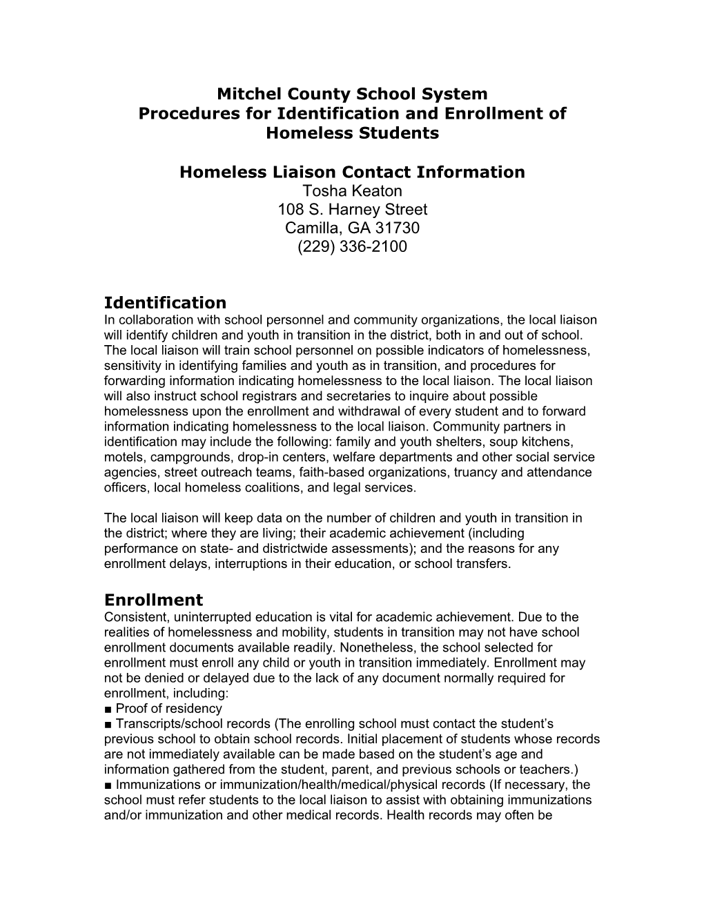 Procedures for Identification and Enrollment of Homeless Students