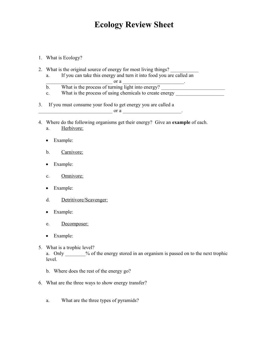 Unit 2: Ecology Review Sheet