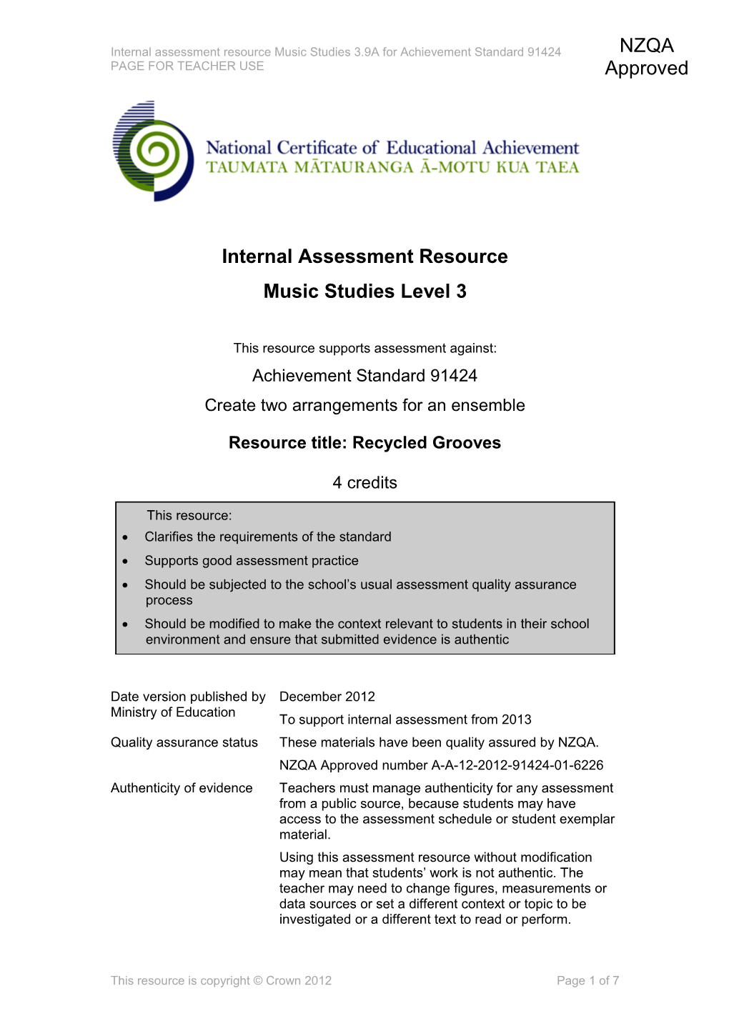 Level 3 Music Studies Internal Assessment Resources