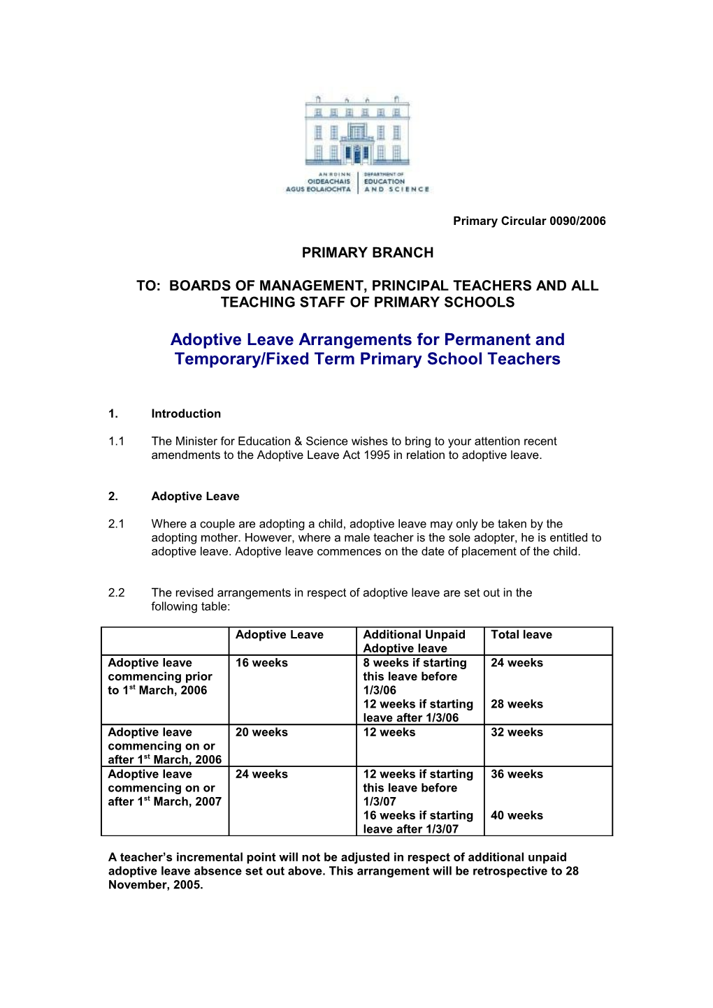 Circular 0090/2006 - Adoptive Leave Arrangements for Permanent and Temporary/Fixed Term