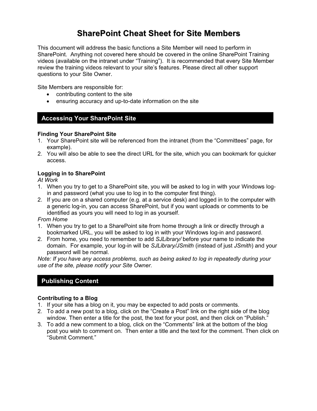 Sharepoint Cheatsheet for Site Members