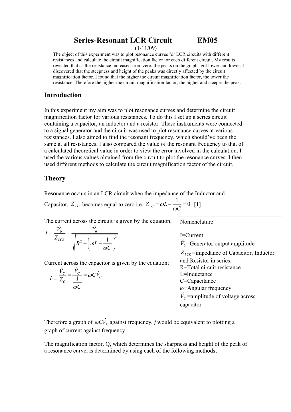 Em05: Series-Resonant LCR Circuit