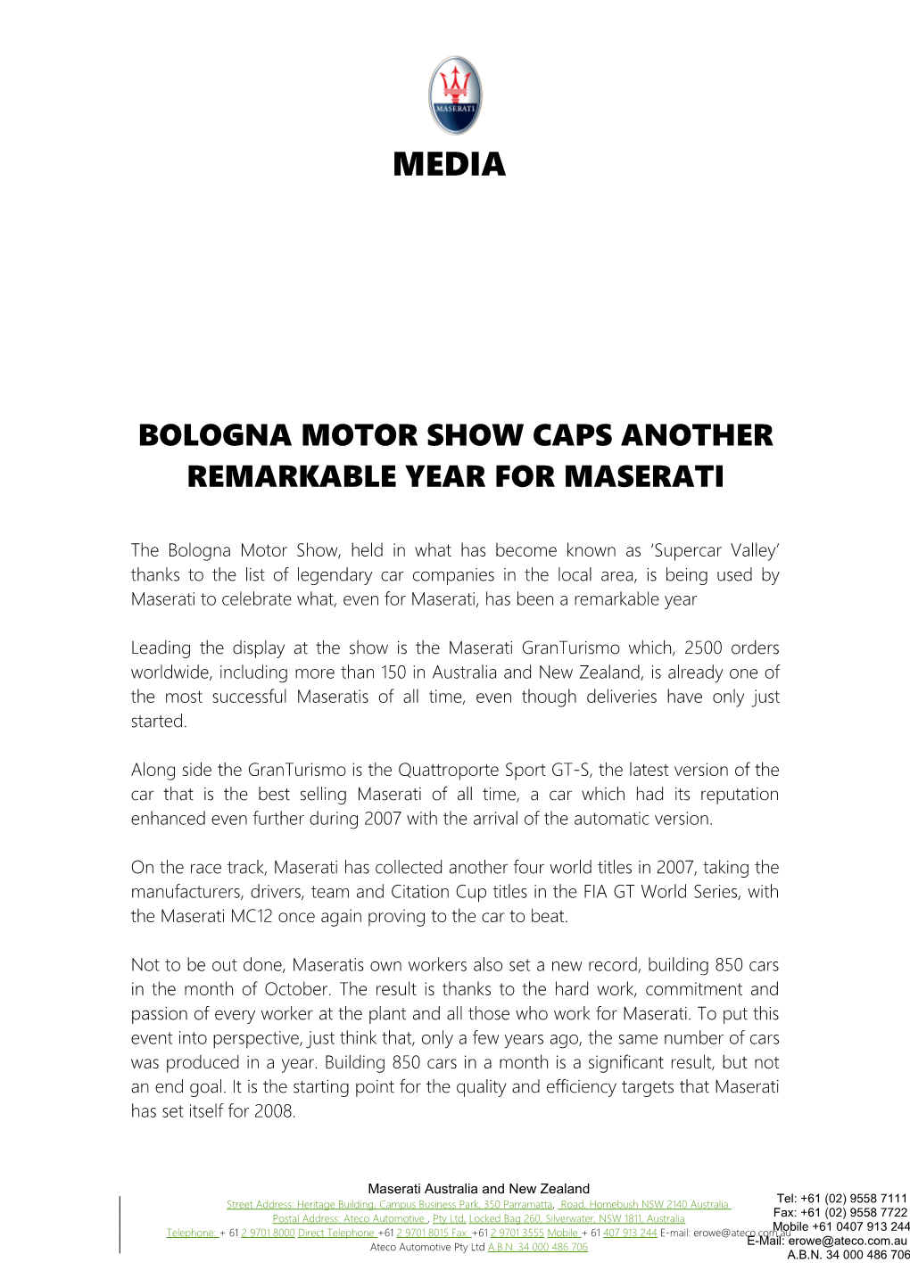 Bologna Motor Show Caps Another Remarkable Year for Maserati