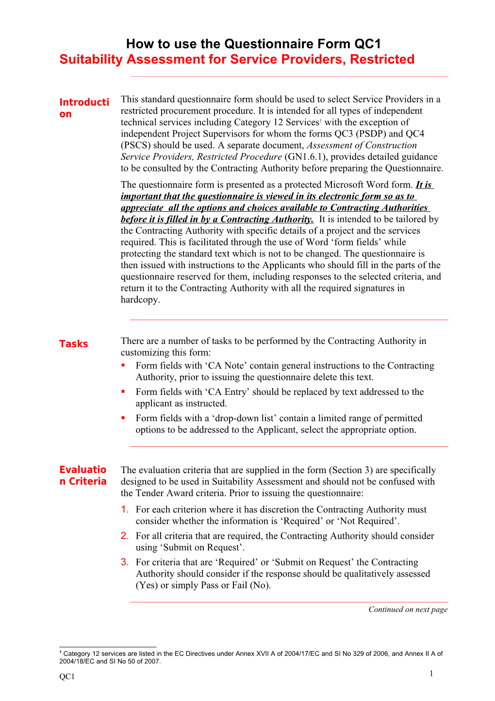 How to Use the Questionnaire Form QC1