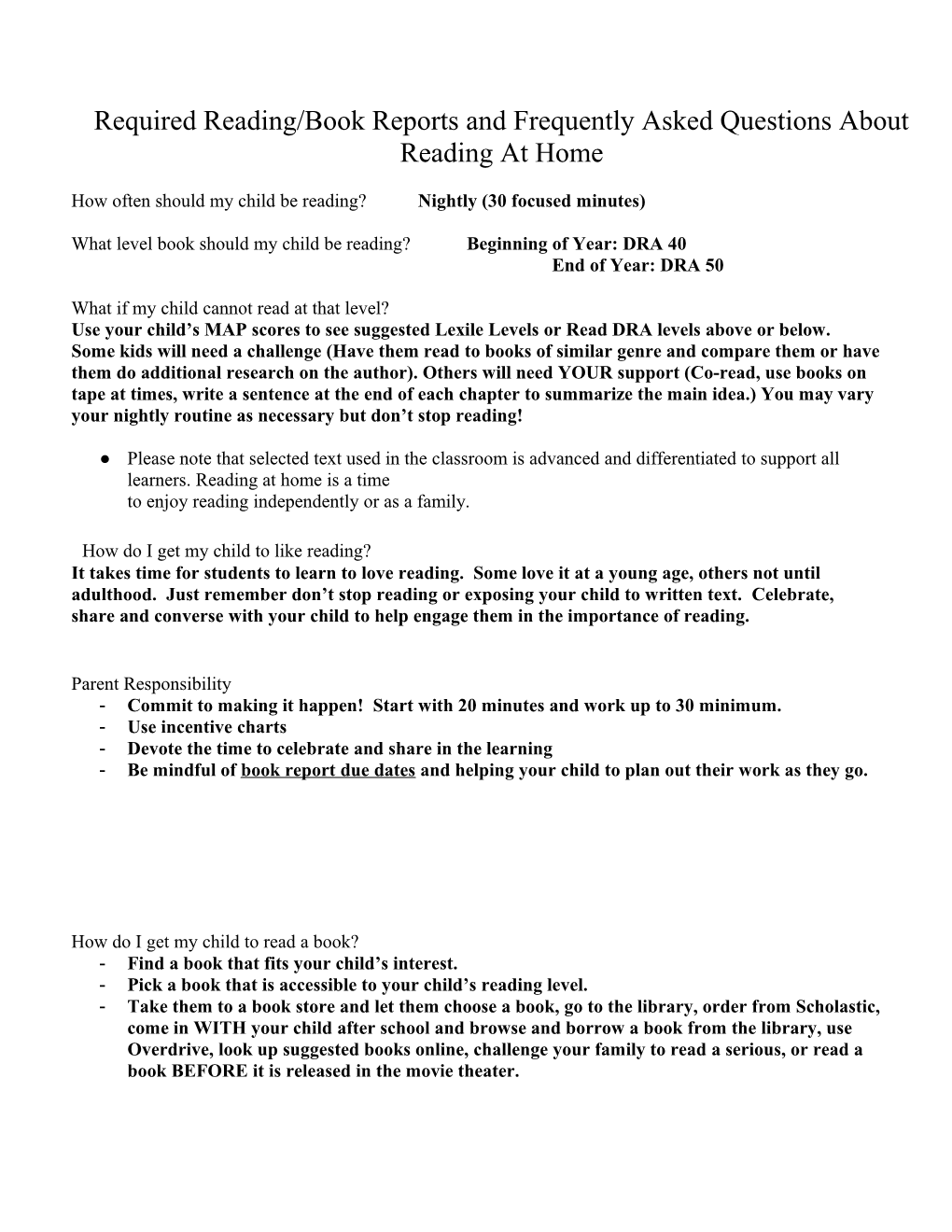 Required Reading/Book Reports and Frequently Asked Questions About Reading at Home