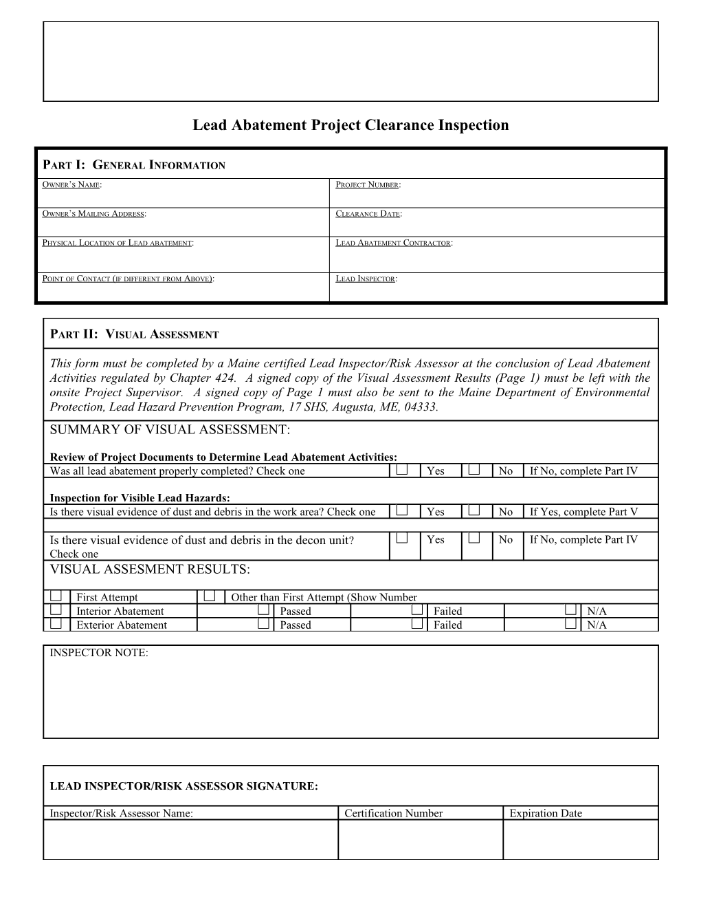 Lead Abatement Project Clearance Inspection