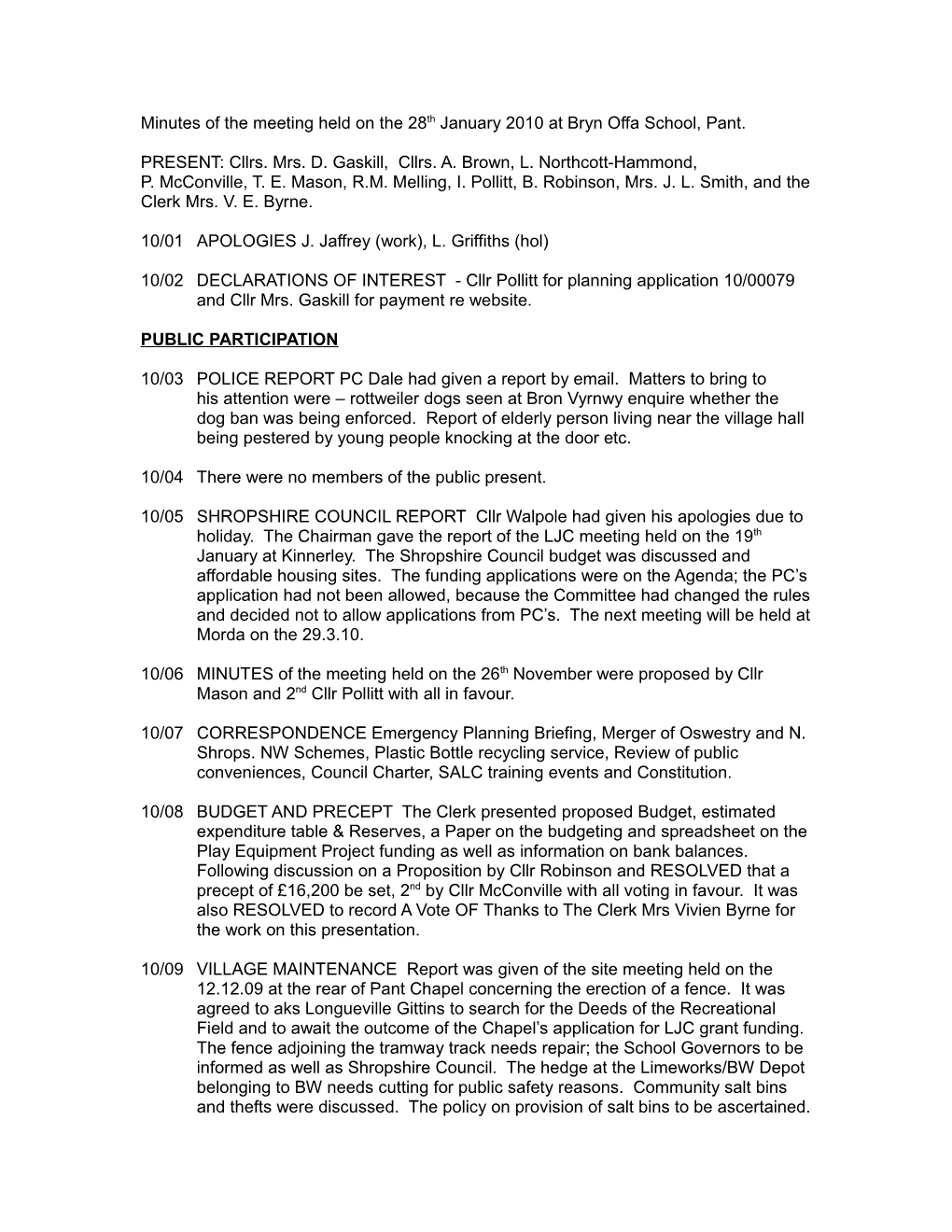 Minutes of the Meeting Held on the 28Th January 2010 at Bryn Offa School, Pant