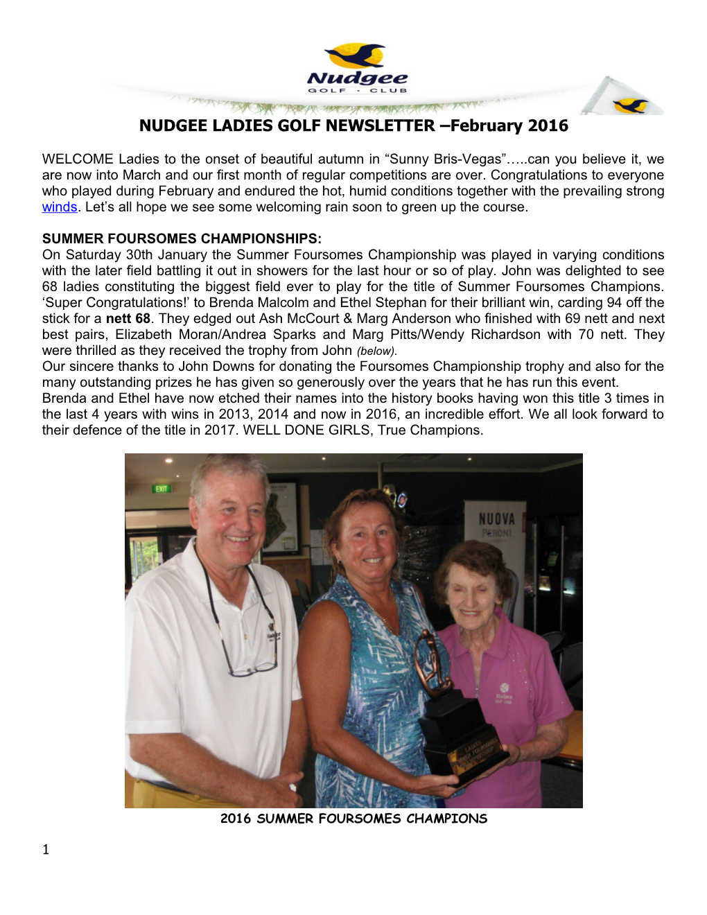 NUDGEE LADIES GOLF NEWSLETTER February 2016