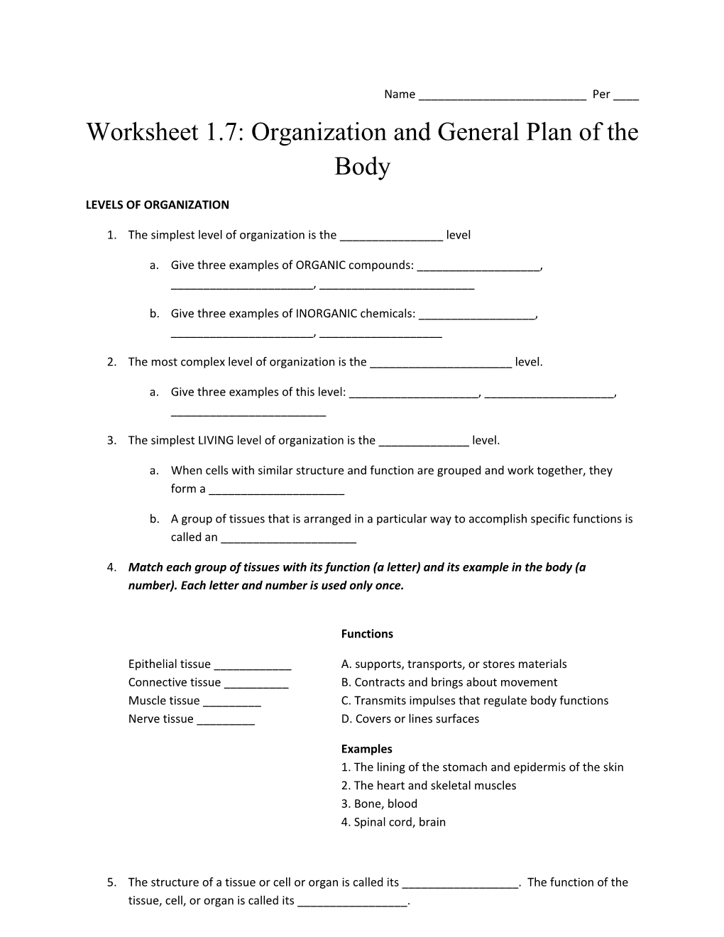Worksheet 1.7: Organization and General Plan of the Body