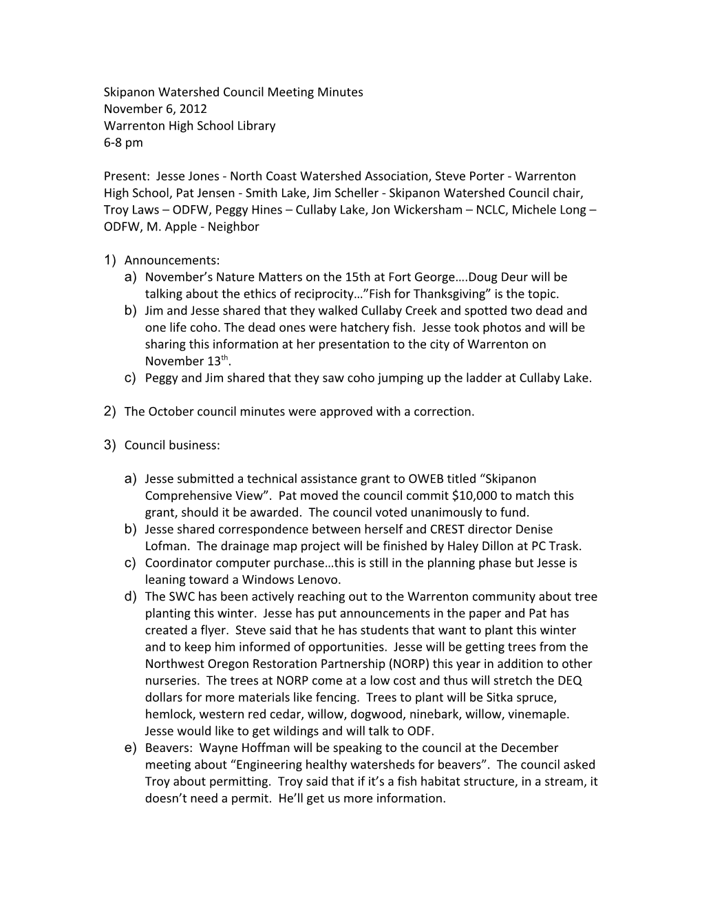 Skipanon Watershed Council Meeting Minutes