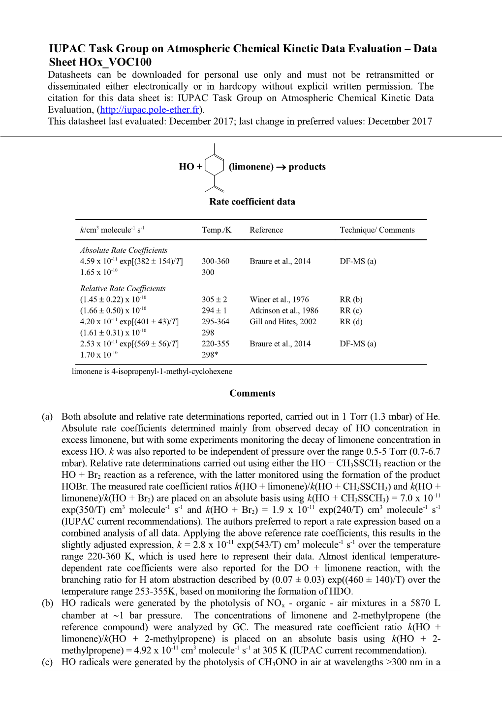 IUPAC Task Group on Atmospheric Chemical Kinetic Data Evaluation Data Sheet Hox VOC9