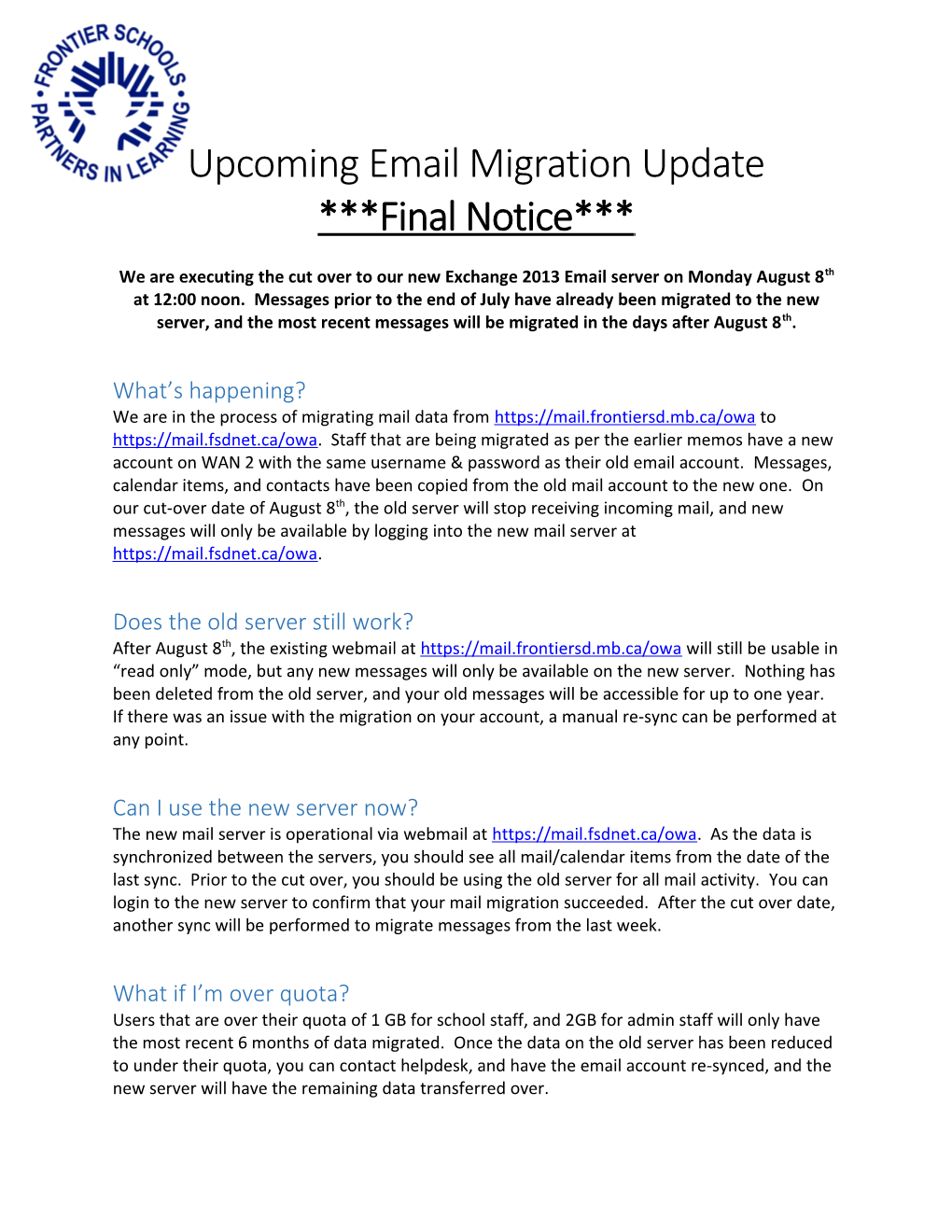 Email Migration Update