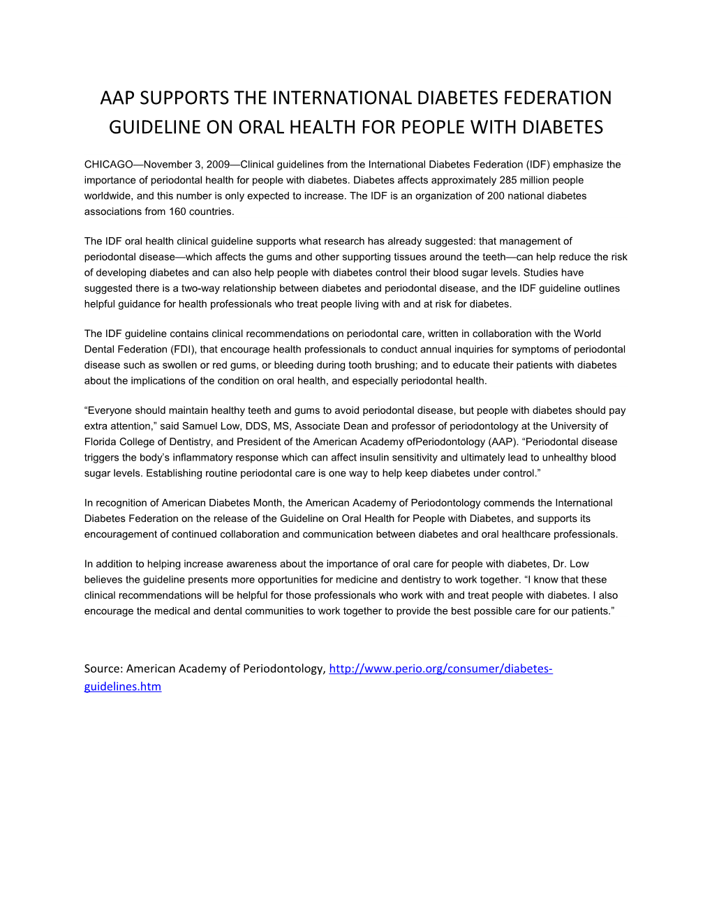 Aap Supports the International Diabetes Federation Guideline on Oral Health for People