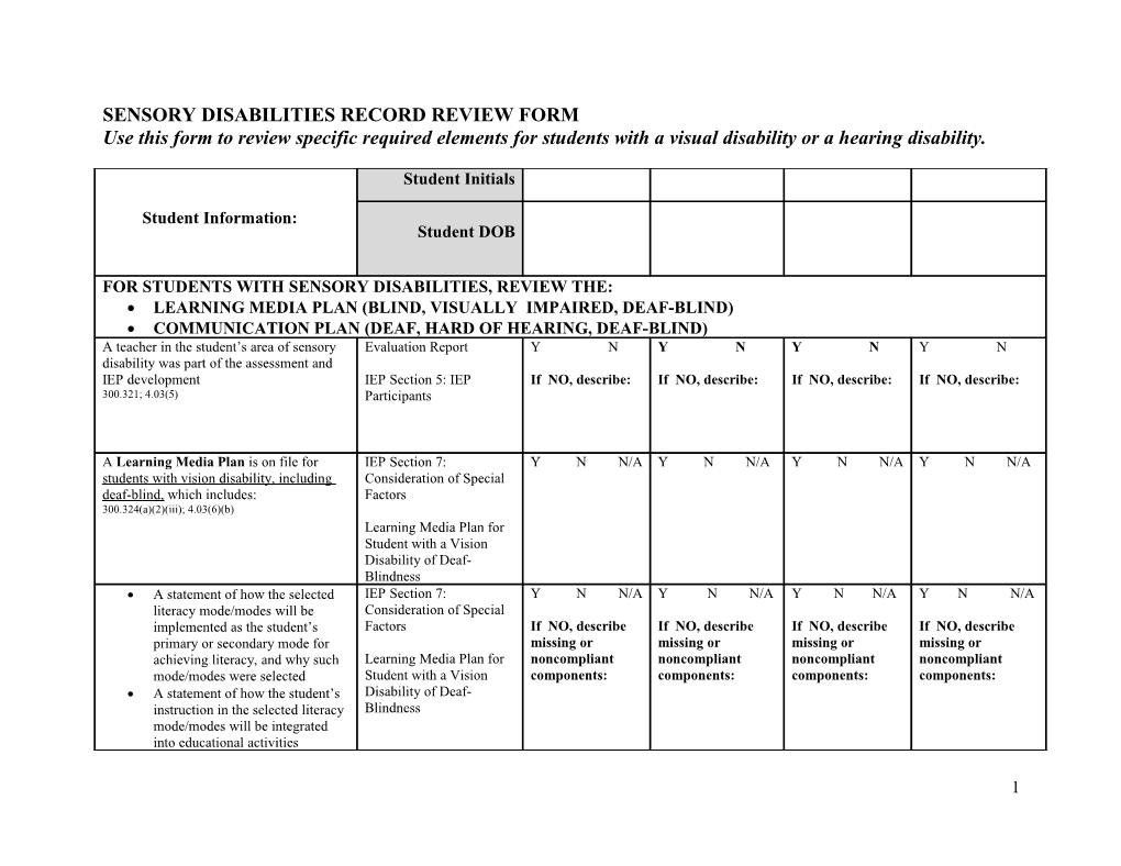 Sensory Disabilities Record Review Form