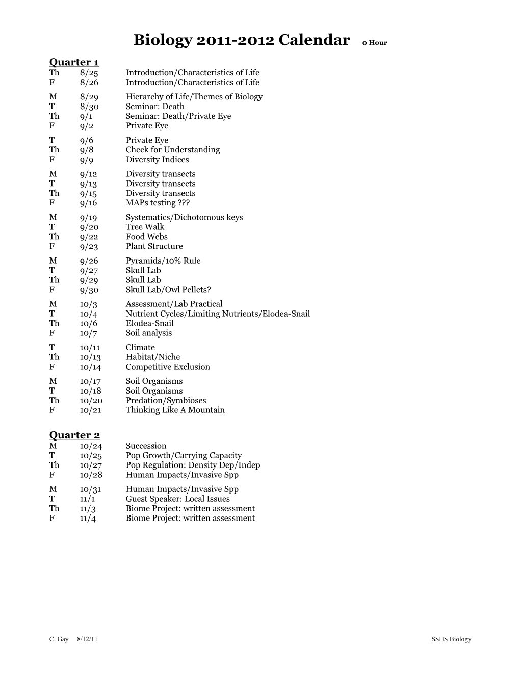 AP Biology 2006-7 Calendar