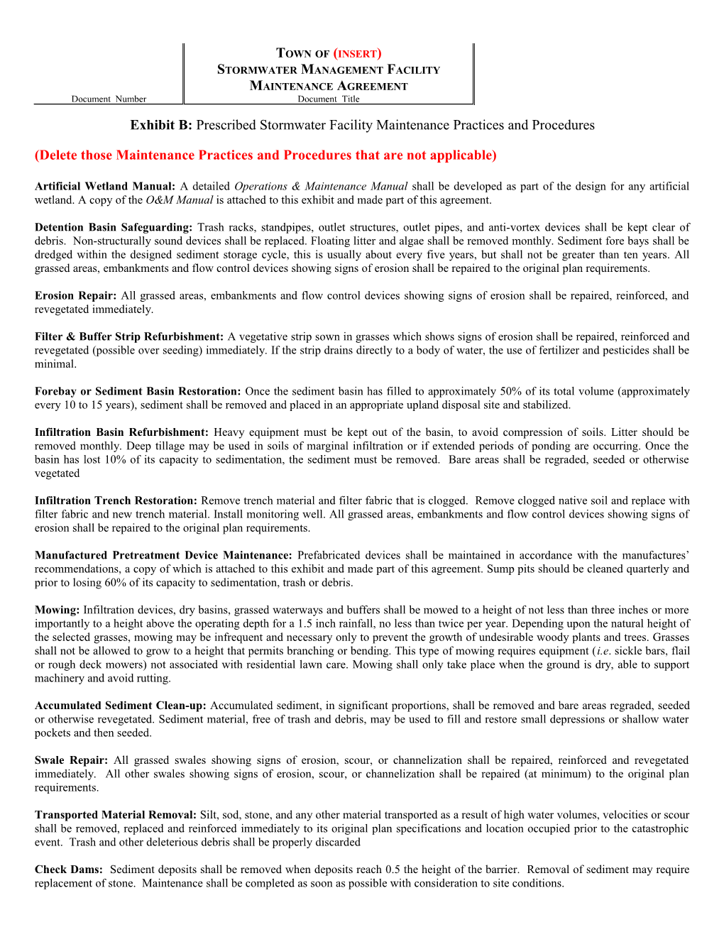 Exhibit B: Prescribed Facility Maintenance Practices and Procedures