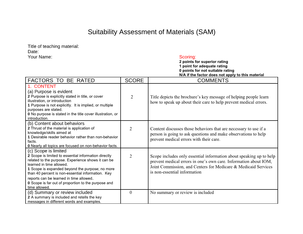 Suitability Assessment of Materials (SAM)