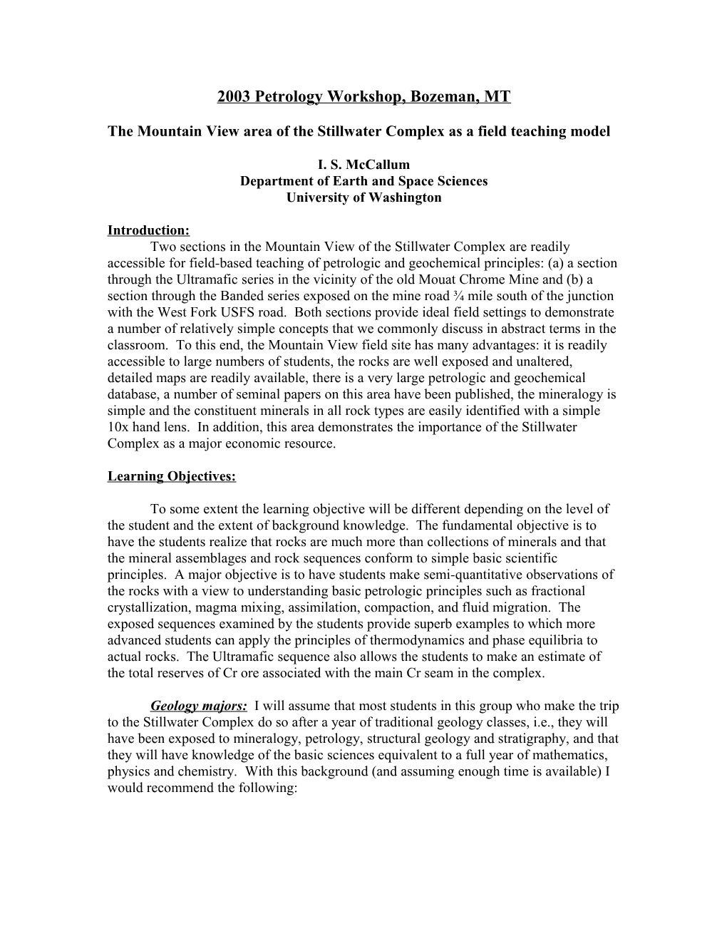 The Mountain View Area of the Stillwater Complex As a Field Teaching Model