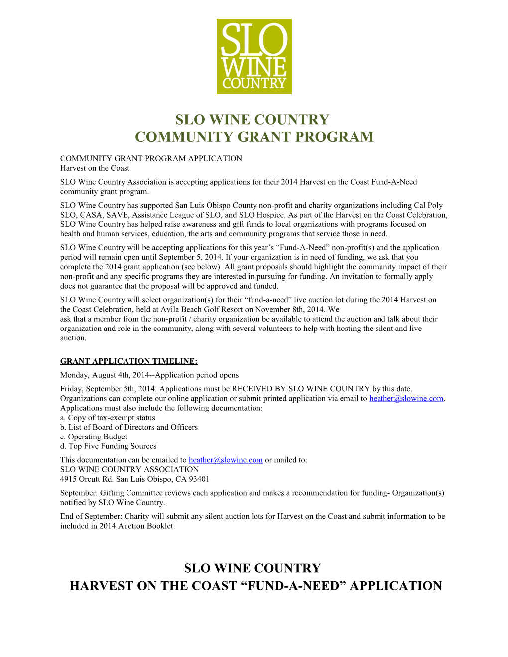 Slo Wine Country Community Grant Program