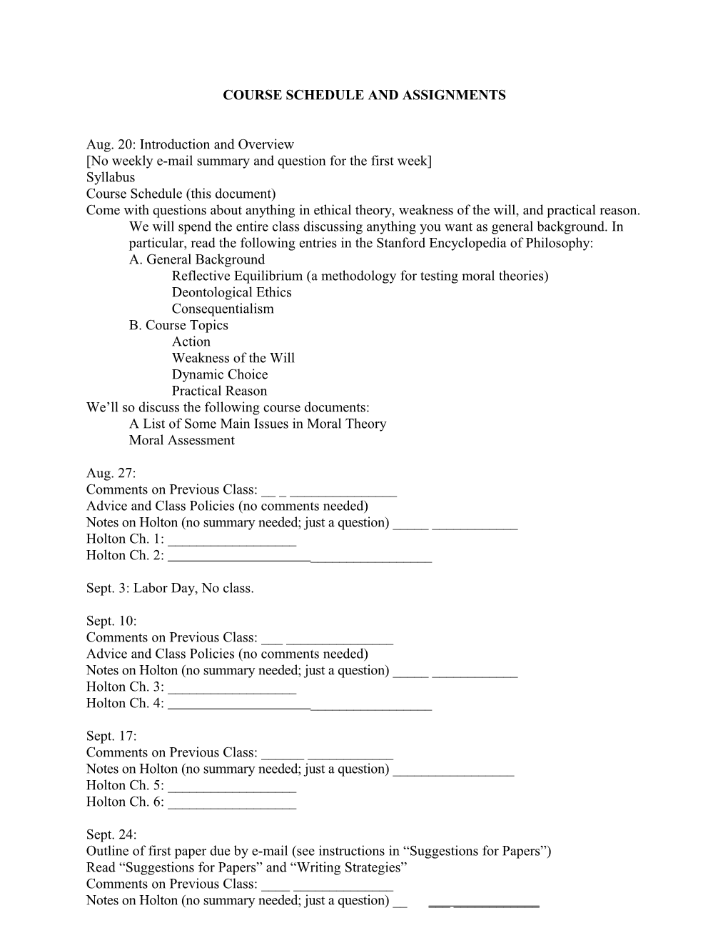 Course Schedule and Assignments