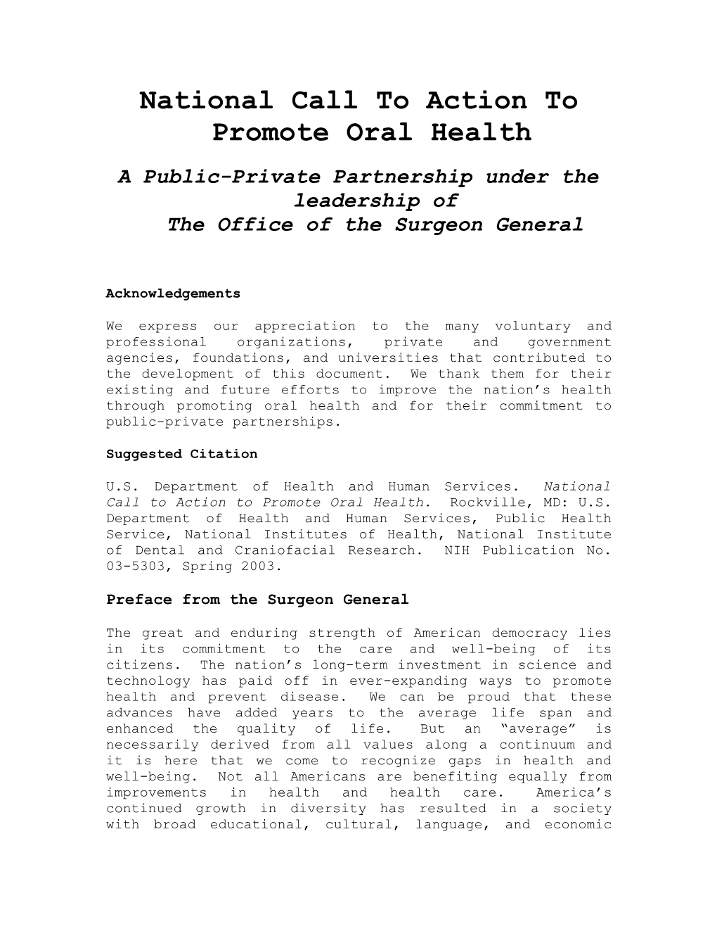 National Call to Action to Promote Oral Health