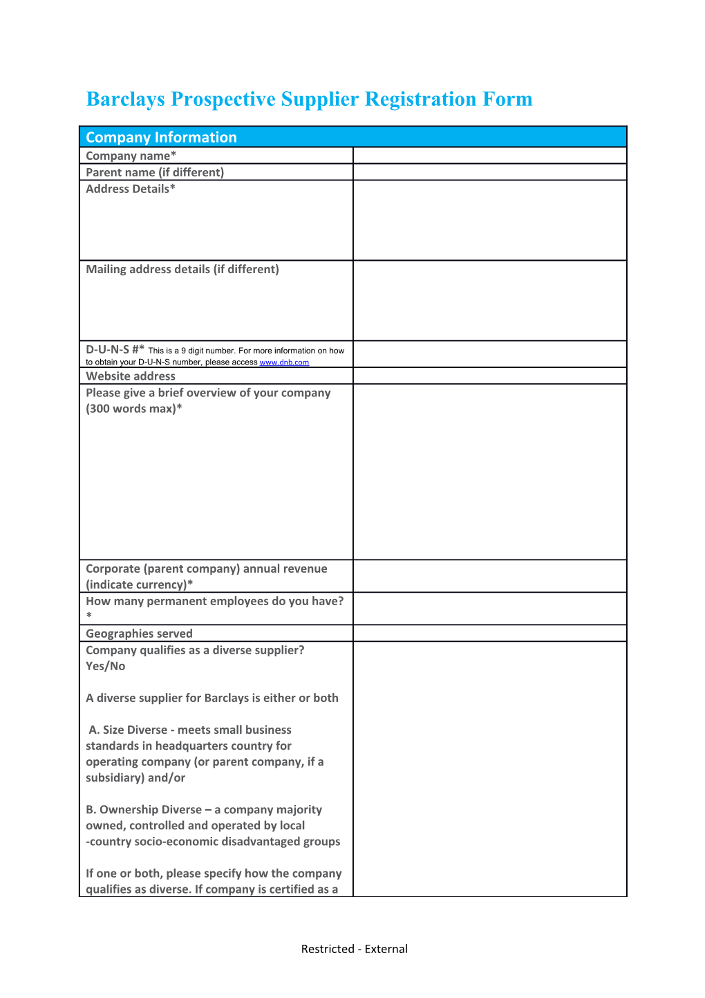 Barclays Prospective Supplier Registration Form