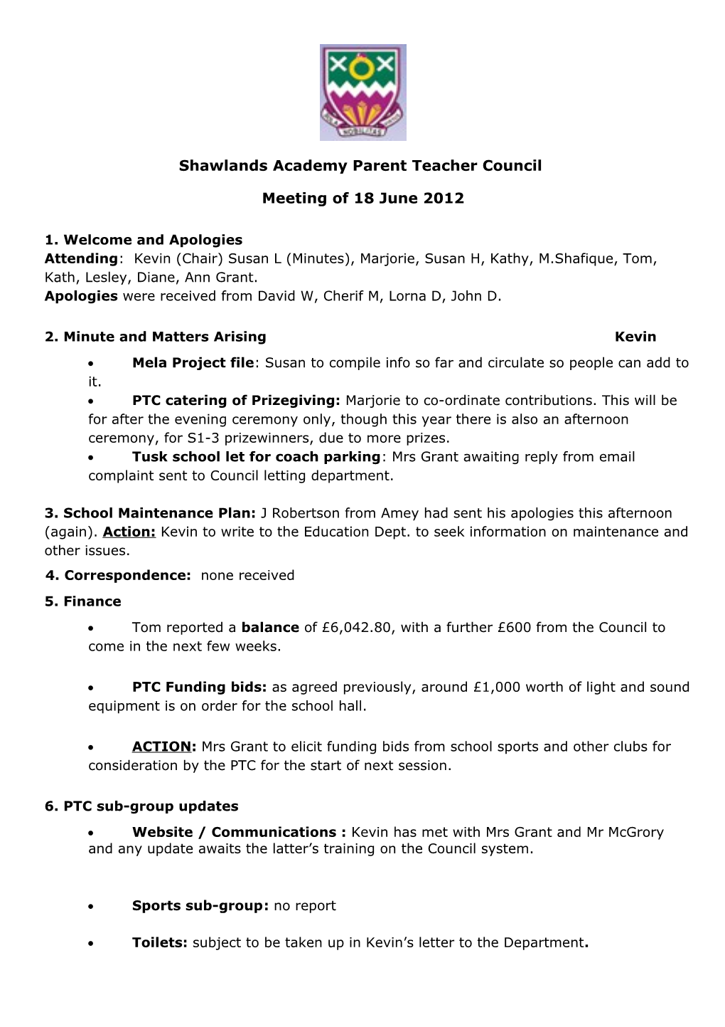 Minutes of Shawlands Academy PTC Meeting