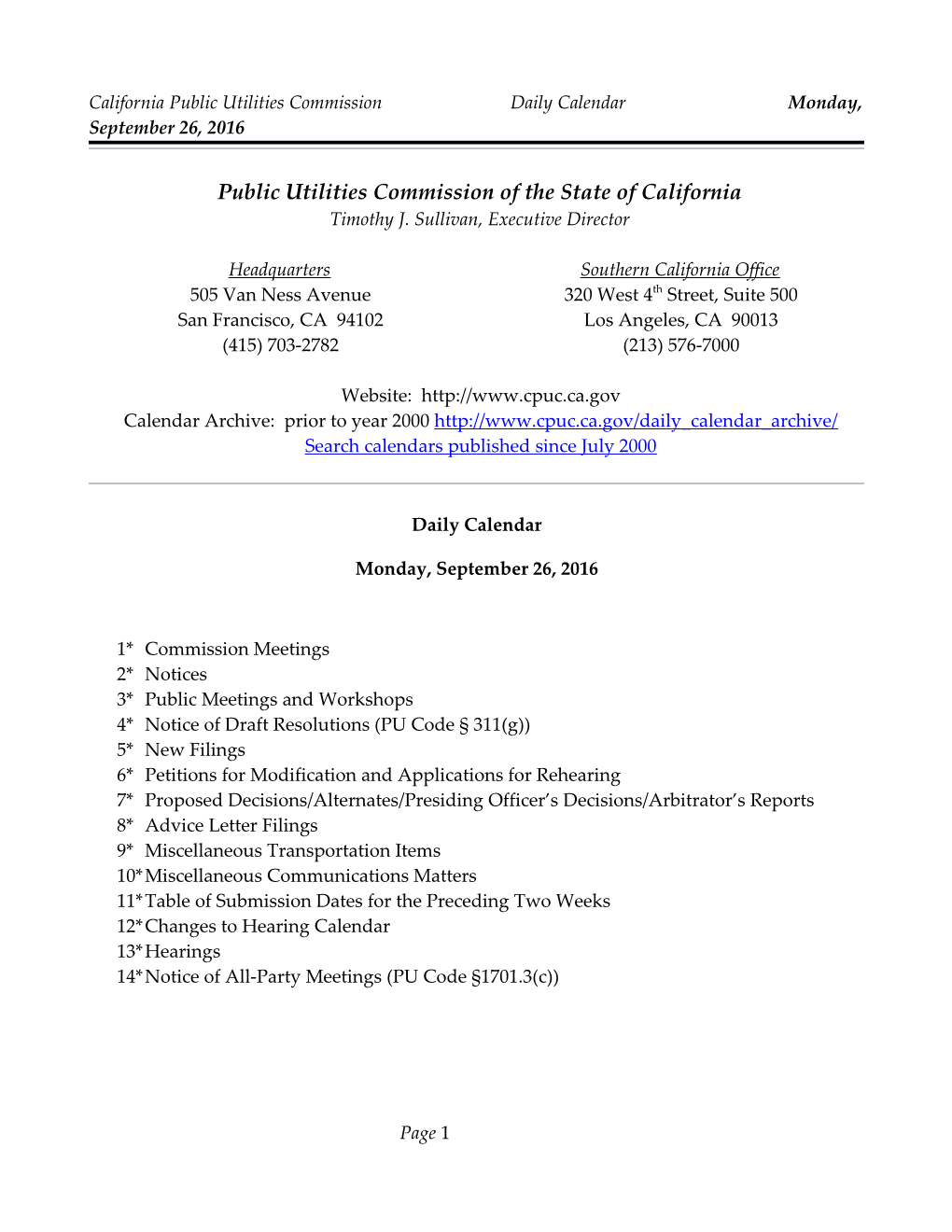 California Public Utilities Commission Daily Calendar Monday, September 26, 2016